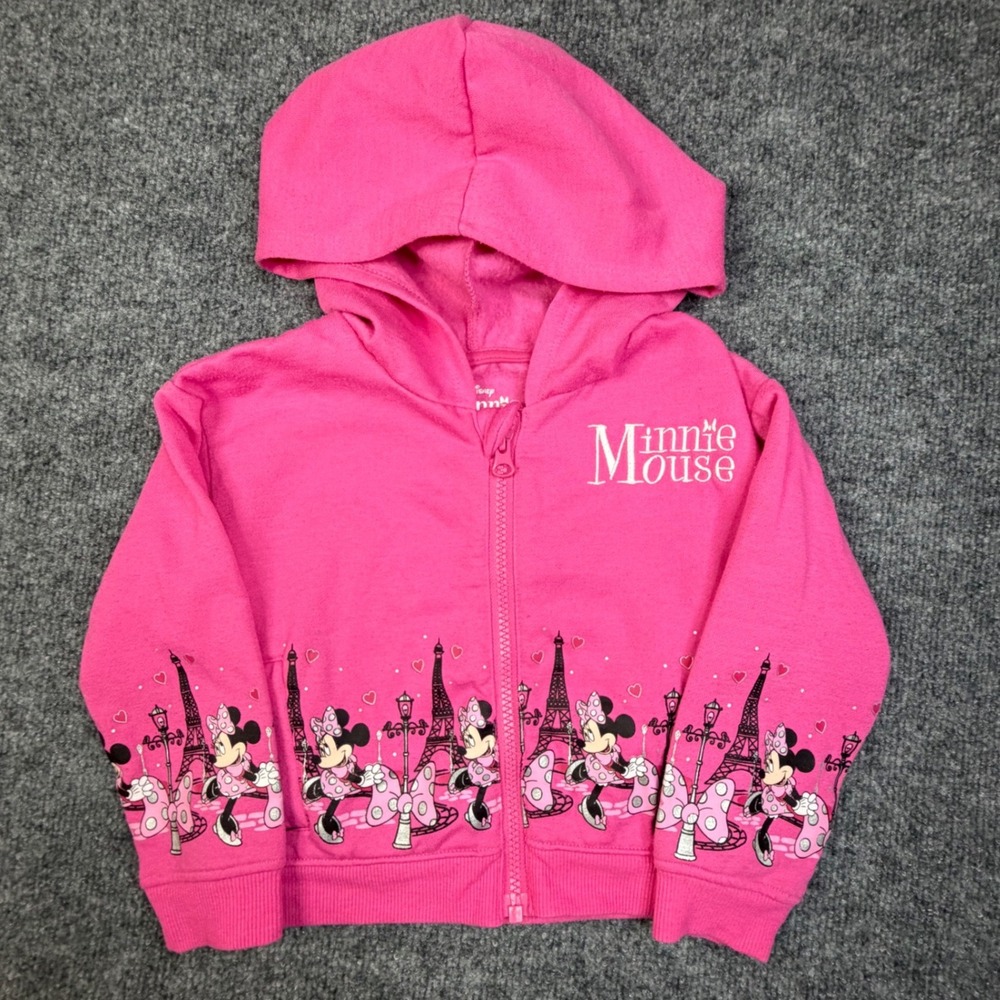 Disney Minnie Mouse Paris Pink Zip Up Hoodie Sweatshirt Girls 3T Eiffel Tower